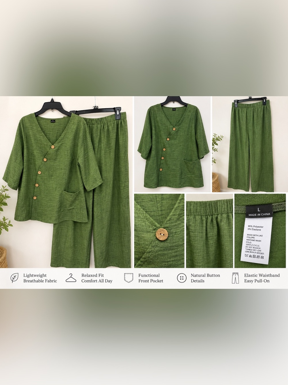 Women’s Olive Green 2-Piece Relaxed Top & Wide Leg Pants Set – Size L